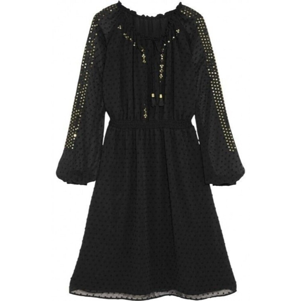 Altuzarra Long Sleeve Boho Beaded Black Sequined Swiss-Dot Chiffon Dress Size 6 - Picture 2 of 8